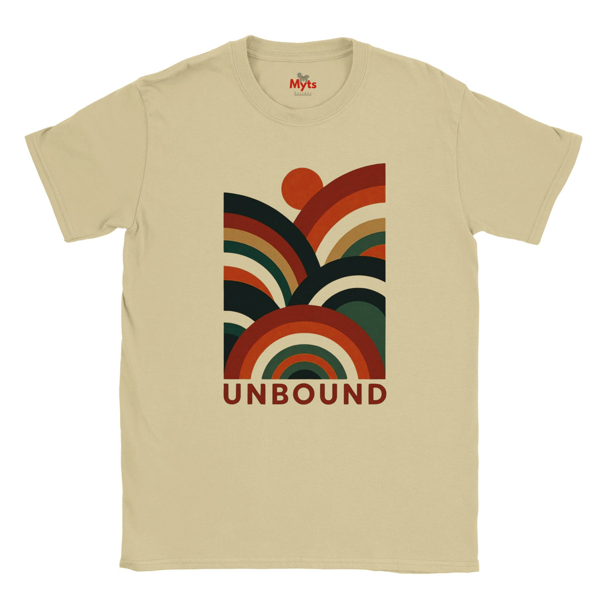 A Sand crewneck t-shirt featuring a retro 70s-style graphic with concentric arches in orange, red, brown, and dark green, with the word 'UNBOUND' printed below in brown. The brand 'Myts' is visible on the inner neck label.