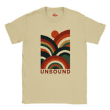 A Sand crewneck t-shirt featuring a retro 70s-style graphic with concentric arches in orange, red, brown, and dark green, with the word 'UNBOUND' printed below in brown. The brand 'Myts' is visible on the inner neck label.