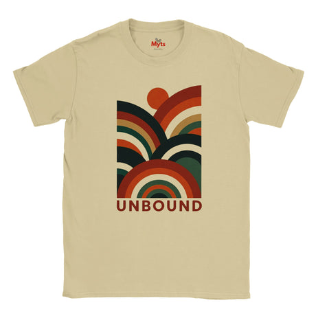 A Sand crewneck t-shirt featuring a retro 70s-style graphic with concentric arches in orange, red, brown, and dark green, with the word 'UNBOUND' printed below in brown. The brand 'Myts' is visible on the inner neck label.