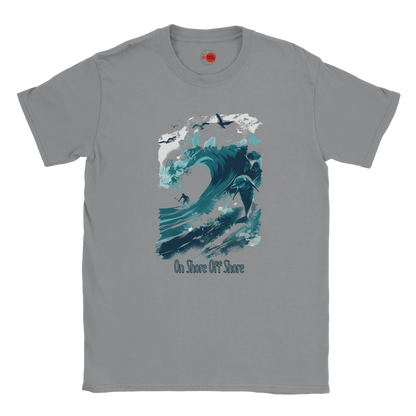 Gray t-shirt with a graphic of waves and surfers on a white background