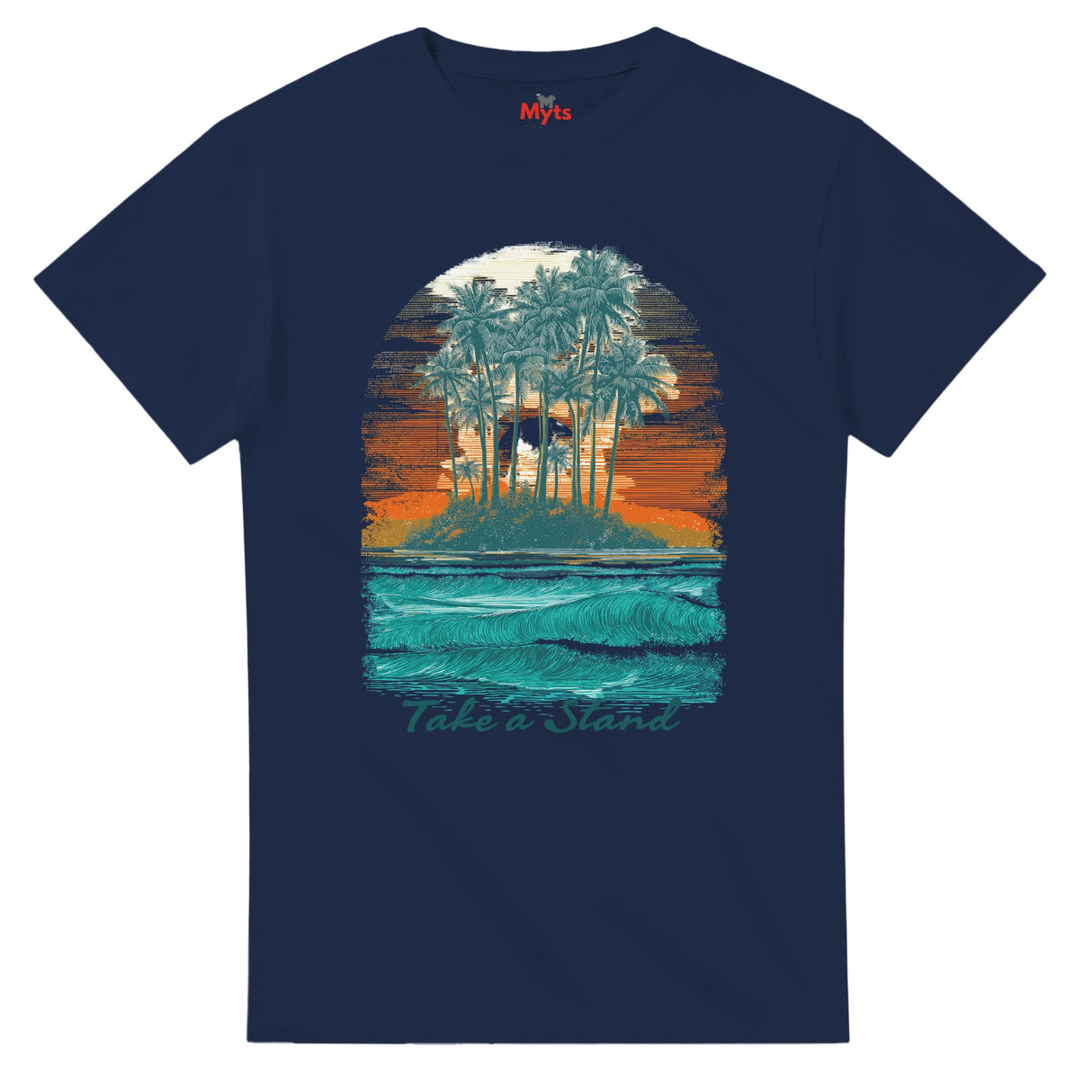 Navy blue t-shirt with a tropical island graphic on a white background