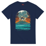 Navy blue t-shirt with a tropical island graphic on a white background