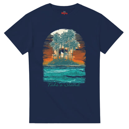 Navy blue t-shirt with a tropical island graphic on a white background