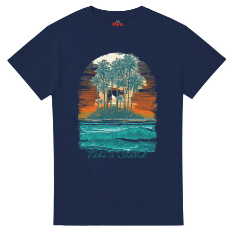 Navy blue t-shirt with a tropical island graphic on a white background
