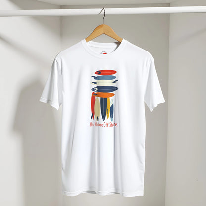 White t-shirt with colorful graphic design on a hanger against a plain background