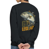 Black sweatshirt with a fish graphic and 'Gill Legend' text on the back