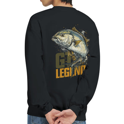 Black sweatshirt with a fish graphic and 'Gill Legend' text on the back