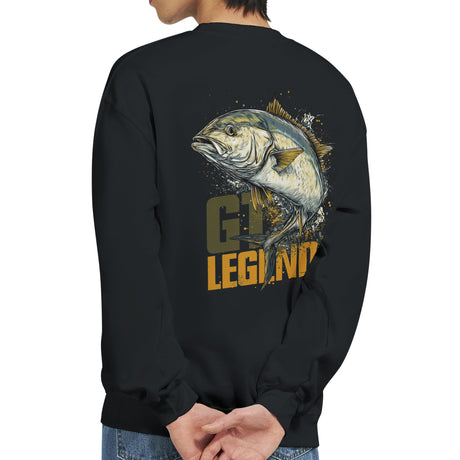 Black sweatshirt with a fish graphic and 'Gill Legend' text on the back