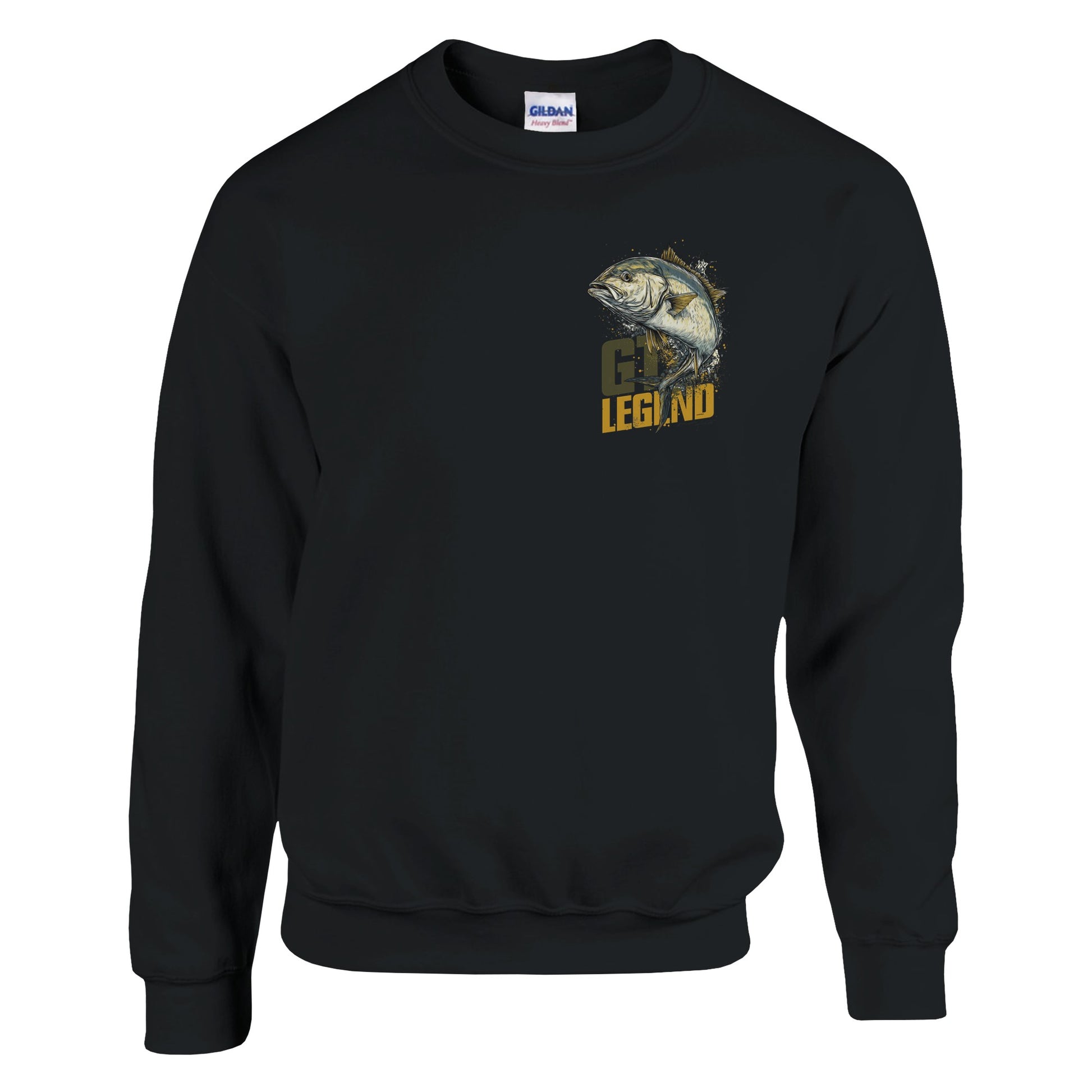 Black sweatshirt with a colorful abstract design on the chest against a white background