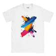 White t-shirt with colorful abstract paint splashes on a white background