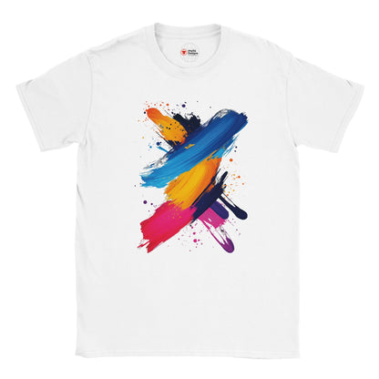 White t-shirt with colorful abstract paint splashes on a white background