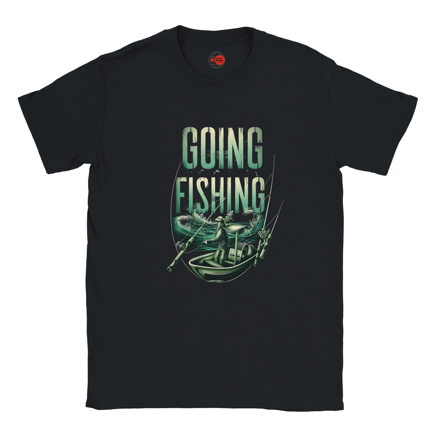 Black t-shirt with 'Going Fishing' graphic design on a white background