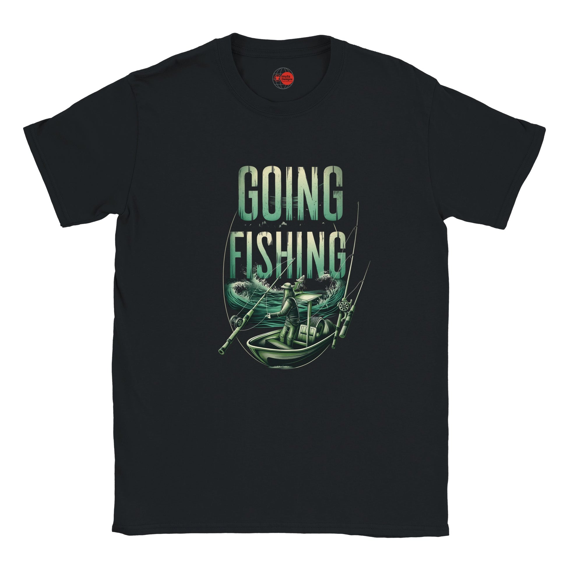 Black t-shirt with 'Going Fishing' graphic design on a white background