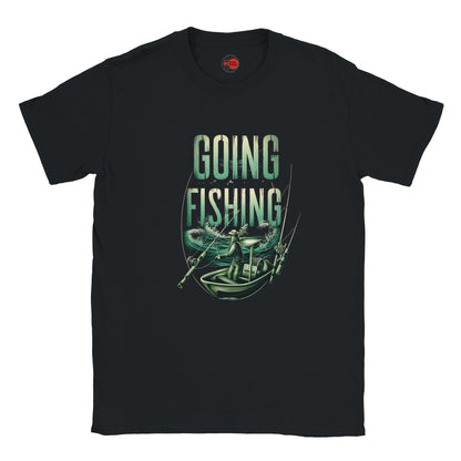Black t-shirt with 'Going Fishing' graphic design on a white background