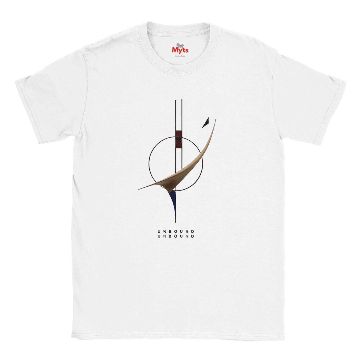 A white short-sleeve crewneck t-shirt featuring a minimalist abstract graphic print on the front. The graphic consists of a brown curved shape, black lines, and a small black bird silhouette, with the word 'UNBOUND' printed below in a dotted font.