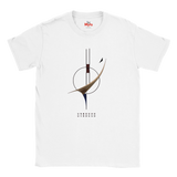A white short-sleeve crewneck t-shirt featuring a minimalist abstract graphic print on the front. The graphic consists of a brown curved shape, black lines, and a small black bird silhouette, with the word 'UNBOUND' printed below in a dotted font.