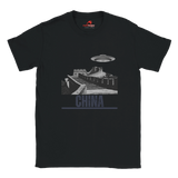 “Black T-shirt with a vintage black-and-white Great Wall of China illustration and a UFO hovering above it, labeled ‘CHINA,’ designed by MytsDesigns.com”

