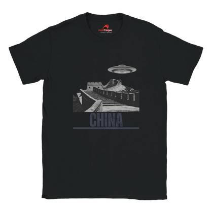 “Black T-shirt with a vintage black-and-white Great Wall of China illustration and a UFO hovering above it, labeled ‘CHINA,’ designed by MytsDesigns.com”

