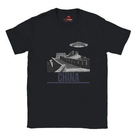 “Black T-shirt with a vintage black-and-white Great Wall of China illustration and a UFO hovering above it, labeled ‘CHINA,’ designed by MytsDesigns.com”

