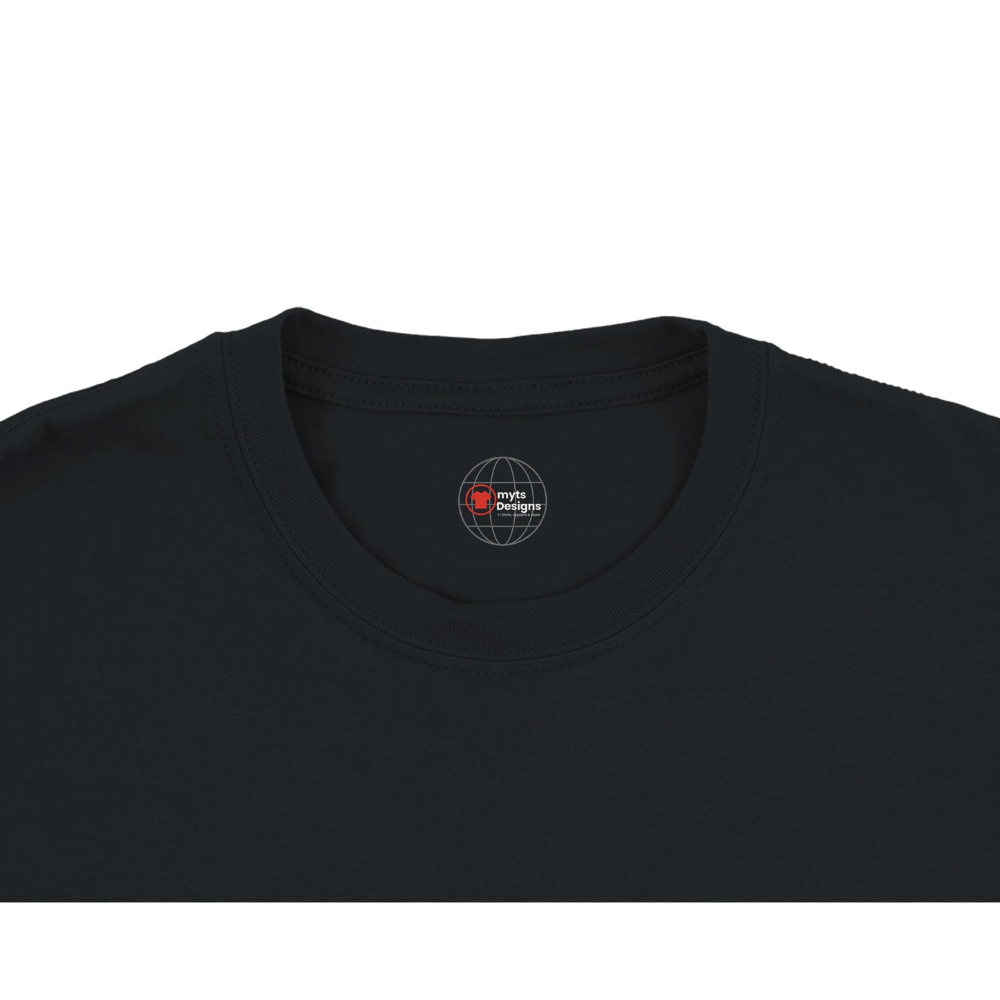 Black t-shirt with a logo on the collar against a white background