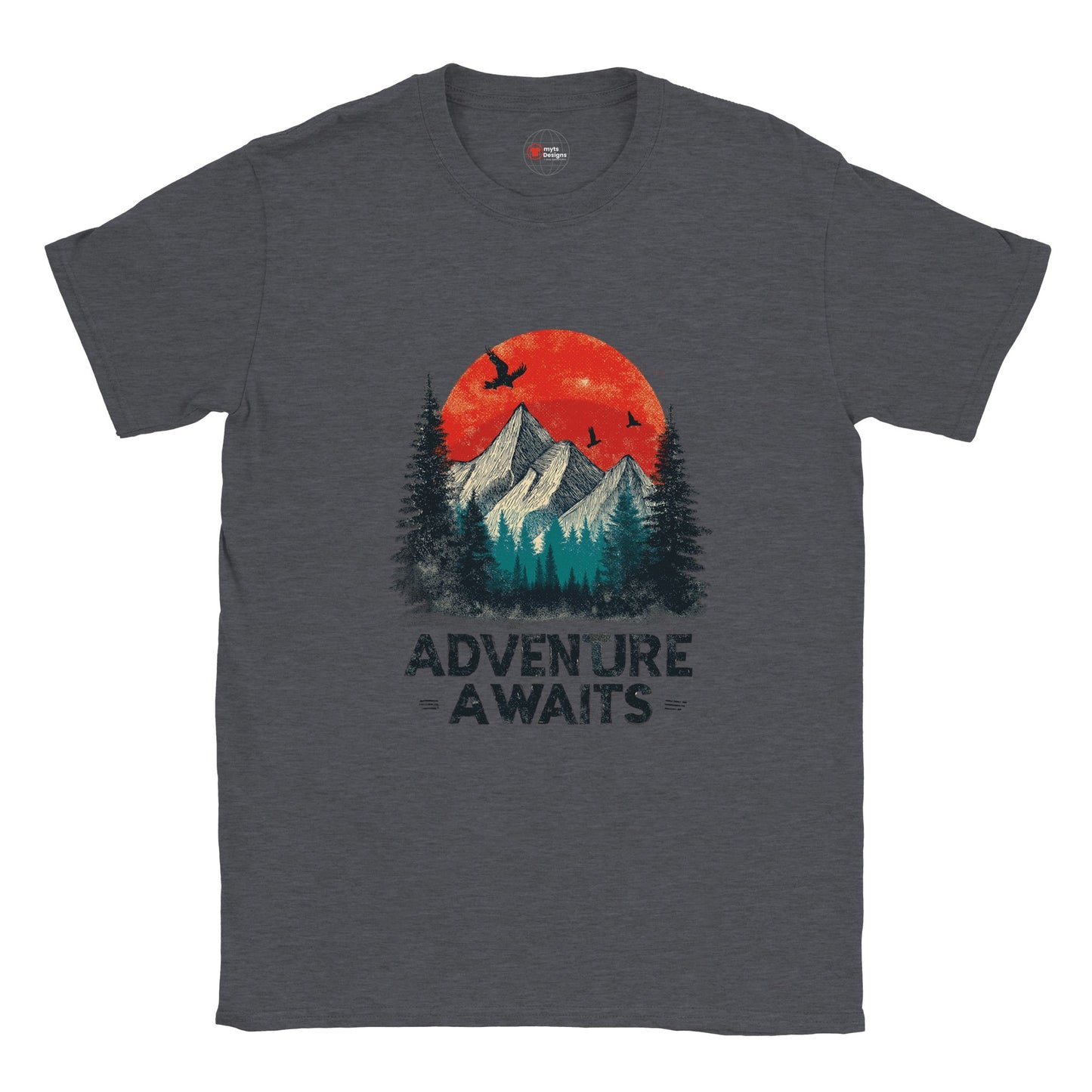 Dark Heather unisex cotton T-shirt with a retro “Adventure Awaits” camping graphic—featuring a vintage tent scene, outdoors motif, and bold typography; soft Gildan 64000 fabric from MytsDesigns.