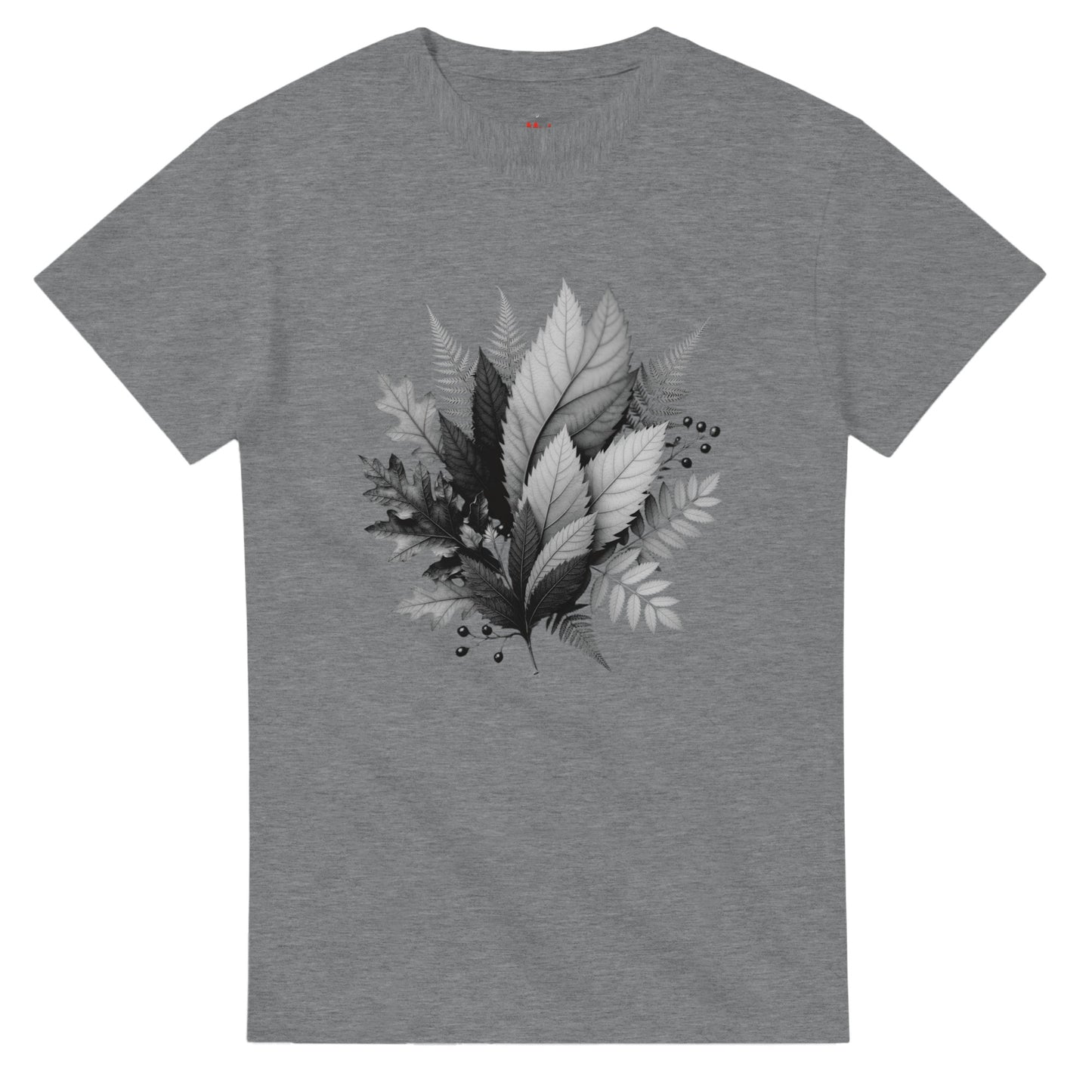 Gray t-shirt with black and white leaf design on a white background