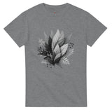 Gray t-shirt with black and white leaf design on a white background