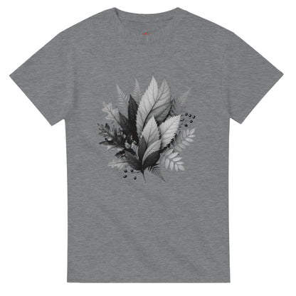 Gray t-shirt with black and white leaf design on a white background