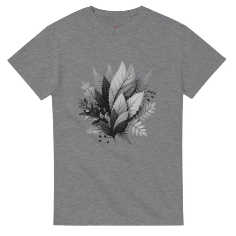 Gray t-shirt with black and white leaf design on a white background
