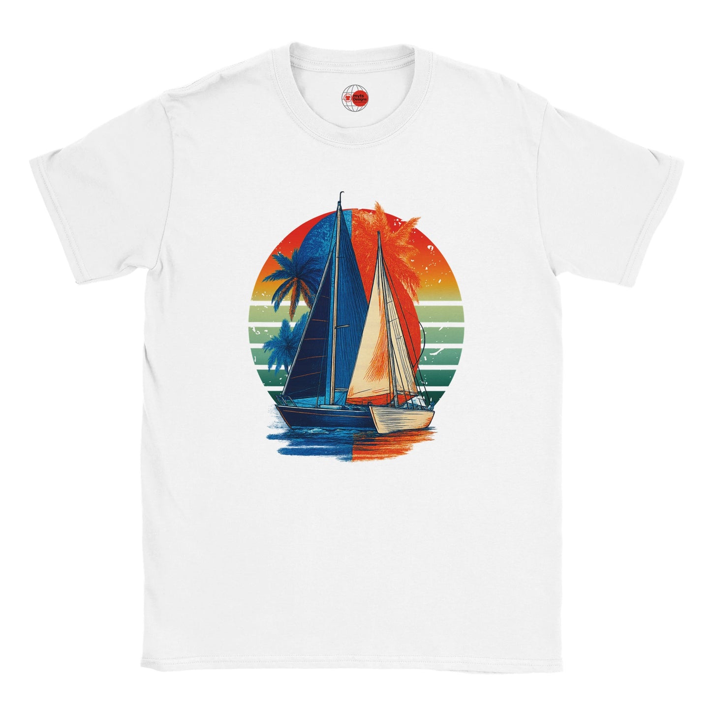 White t-shirt with a colorful sailboat design on a white background