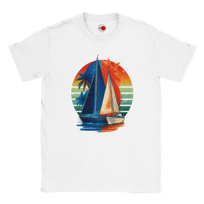 White t-shirt with a colorful sailboat design on a white background