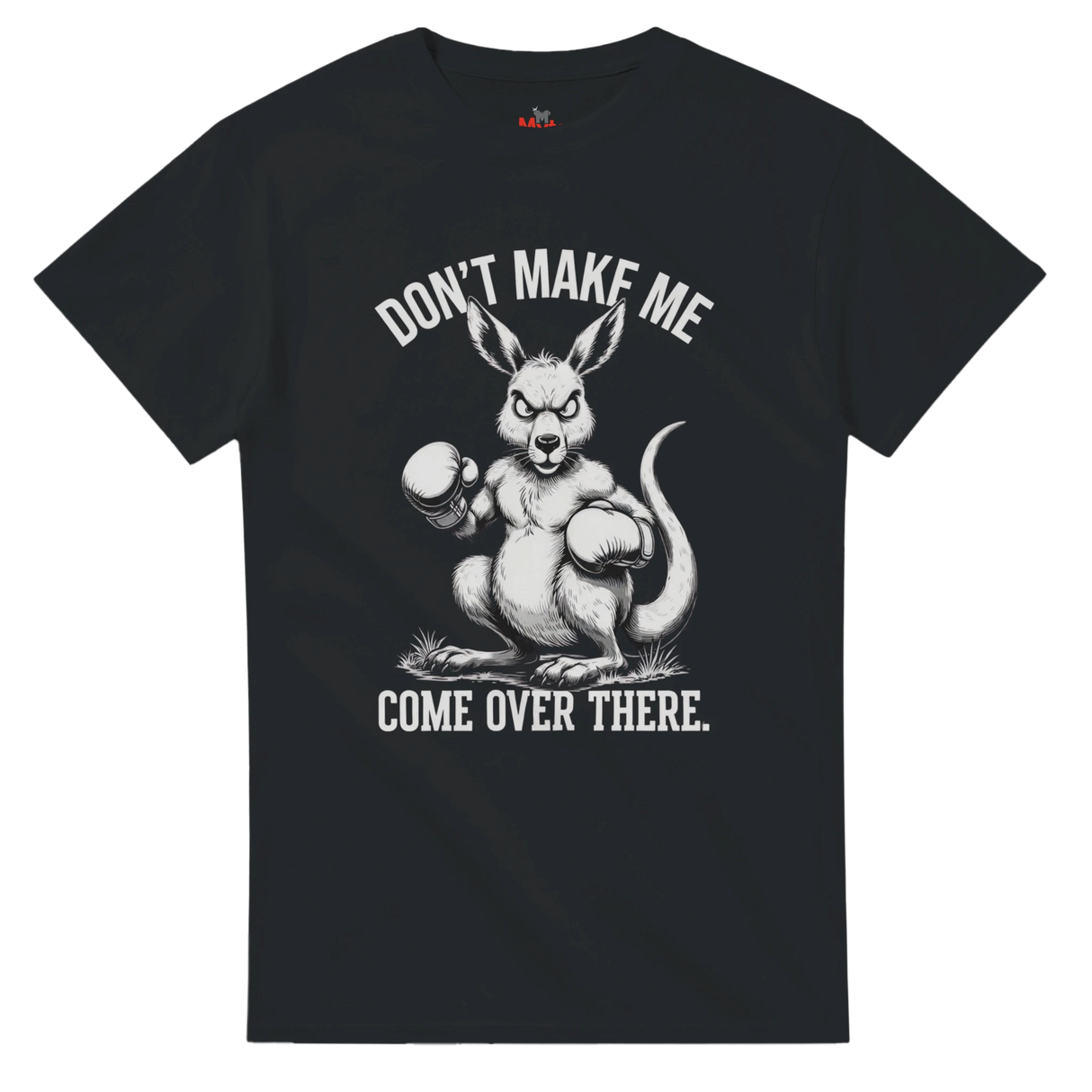 Black t-shirt with a kangaroo graphic and text on a white background
