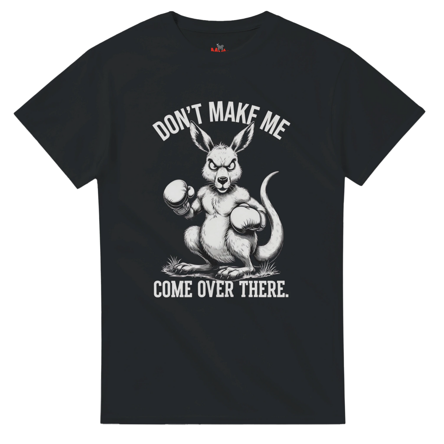 Black t-shirt with a kangaroo graphic and text on a white background