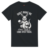 Black t-shirt with a kangaroo graphic and text on a white background