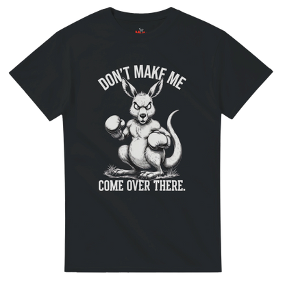 Black t-shirt with a kangaroo graphic and text on a white background