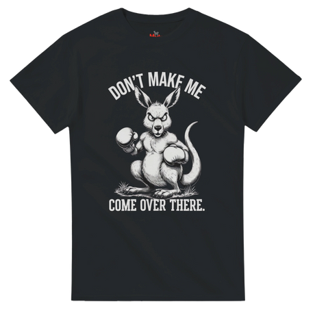 Black t-shirt with a kangaroo graphic and text on a white background