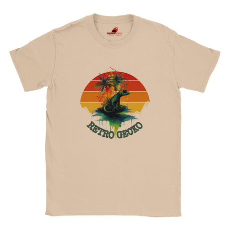Retro gecko t-shirt with vintage sunset design and tropical lizard graphic on a Natural cotton tee