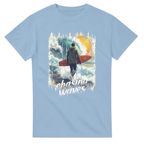 Light blue t-shirt with a graphic of a person holding a surfboard and text 'Chasing Waves' on a white background.
