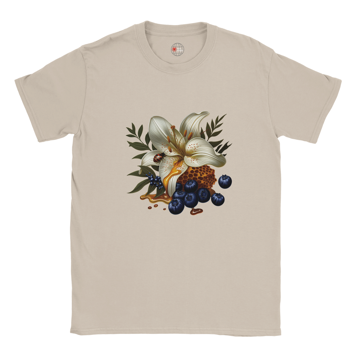 Beige t-shirt with a floral and berry design on a white background