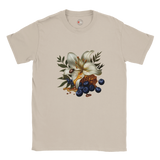 Beige t-shirt with a floral and berry design on a white background