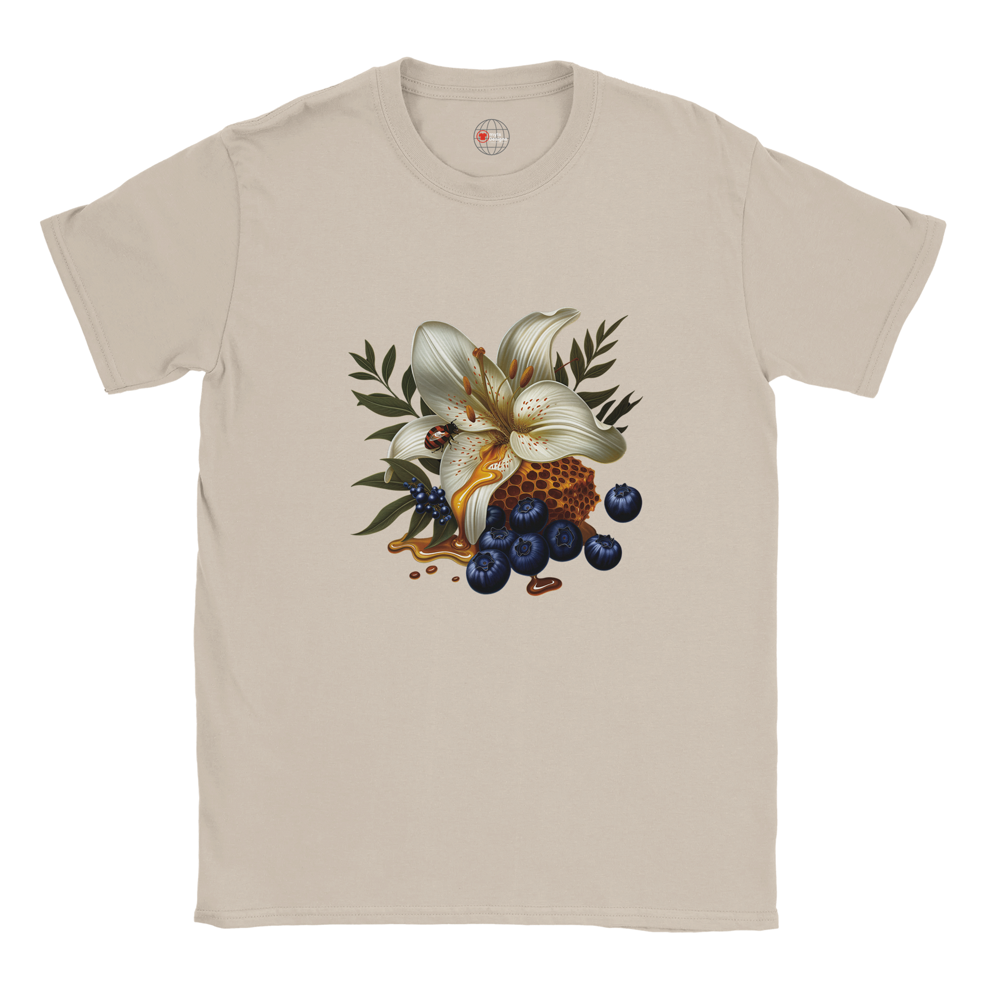 Beige t-shirt with a floral and berry design on a white background