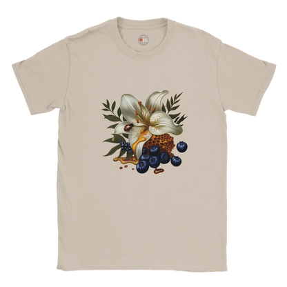 Beige t-shirt with a floral and berry design on a white background