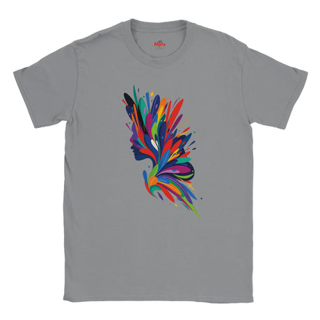 Gray t-shirt with a colorful abstract design on a white background