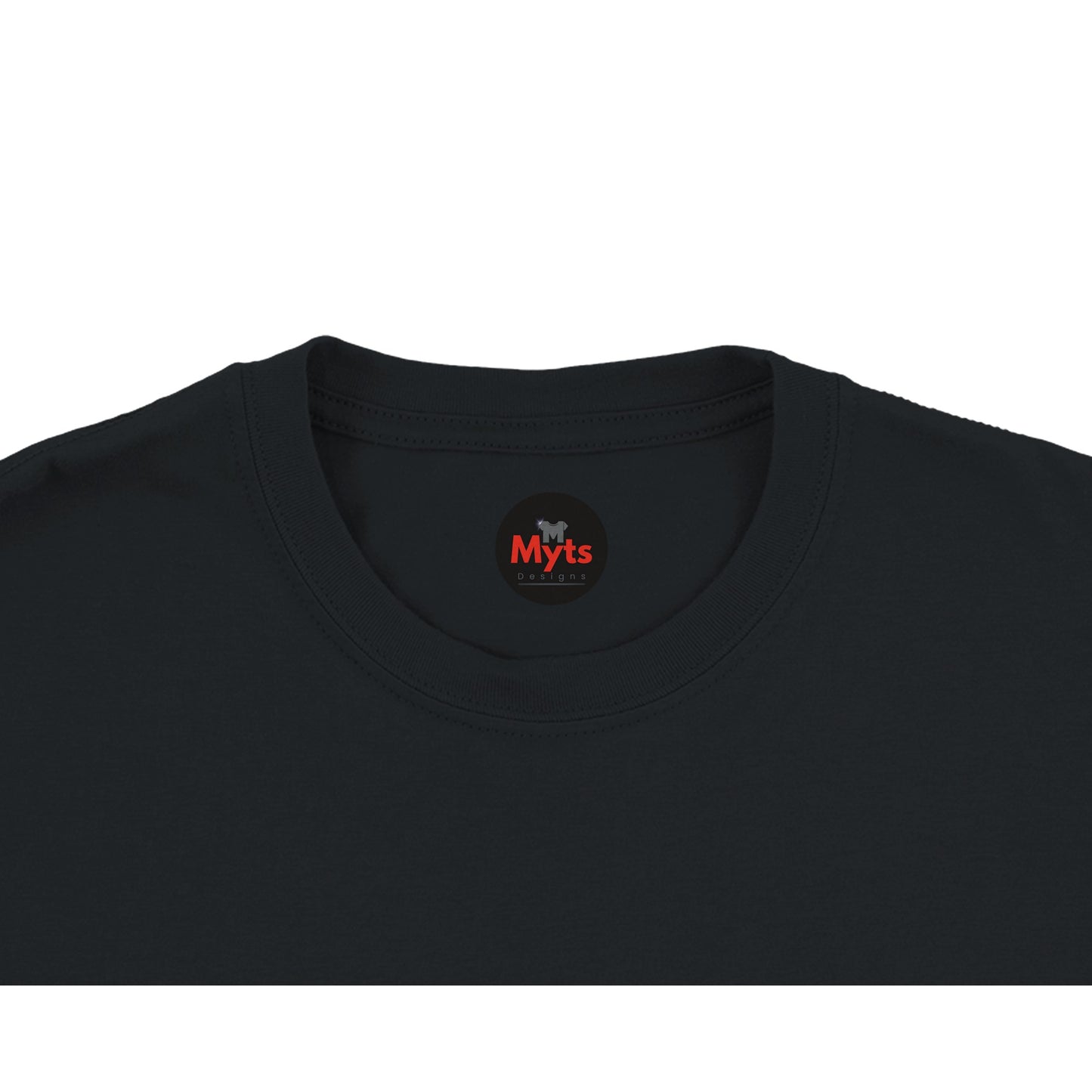 Black t-shirt with a visible brand logo on a white background