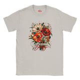 An Ice Grey Unbound Beauty graphic T-shirt with red, orange and cream poppy flowers, geometric accents and retro typography.