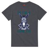 Dark Heather t-shirt with a donkey graphic and text 'SO I'M A HARD ASS.' on a white background