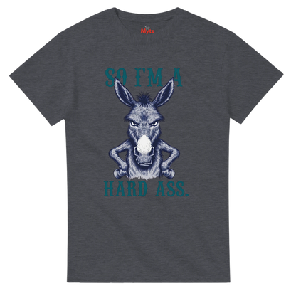Dark Heather t-shirt with a donkey graphic and text 'SO I'M A HARD ASS.' on a white background