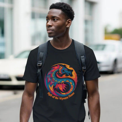 Front view of a man with a backpack walking the city streets wearing a black T‑shirt featuring a bold dragon symbol graphic centered on a soft cotton tee