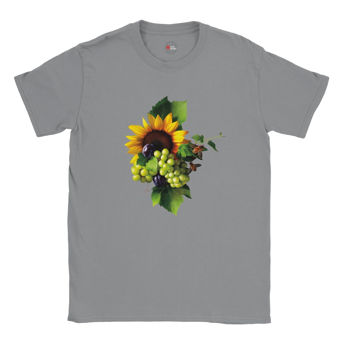 Gray t-shirt with a sunflower and fruit design on a white background