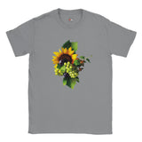 Gray t-shirt with a sunflower and fruit design on a white background